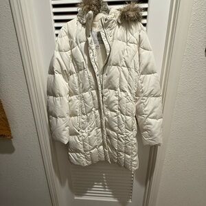 Eddie Bauer Women's Cream Down Filled Parka Coat with Faux Fur Hood